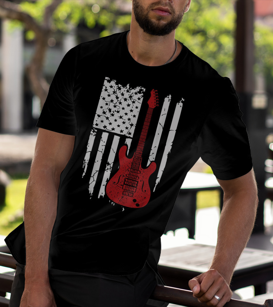 Usa American Flag Guitar Musician Guitars Red Electric Vintage Grunge T-Shirt