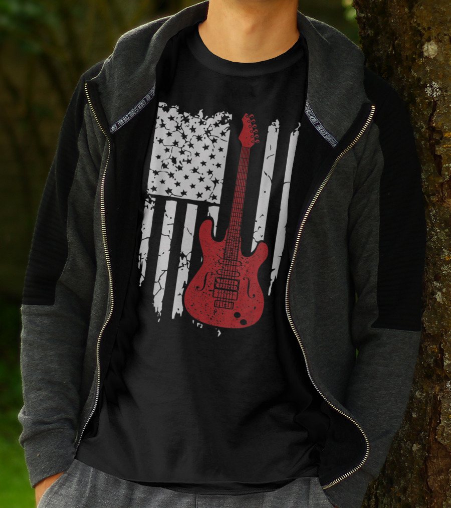 Usa American Flag Guitar Musician Guitars Red Electric Vintage Grunge T-Shirt