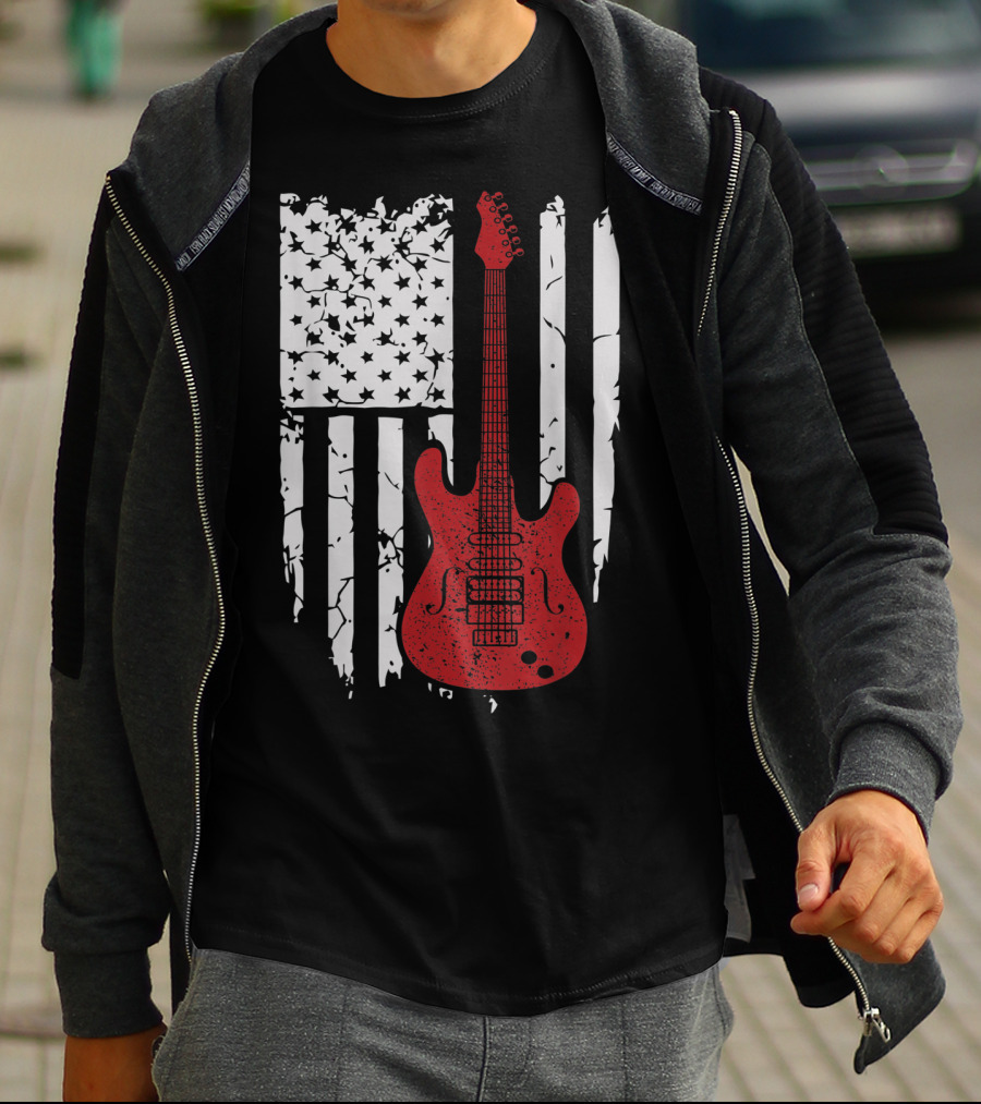Usa American Flag Guitar Musician Guitars Red Electric Vintage Grunge T-Shirt
