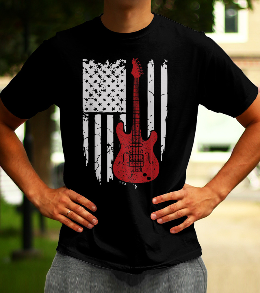 Usa American Flag Guitar Musician Guitars Red Electric Vintage Grunge T-Shirt