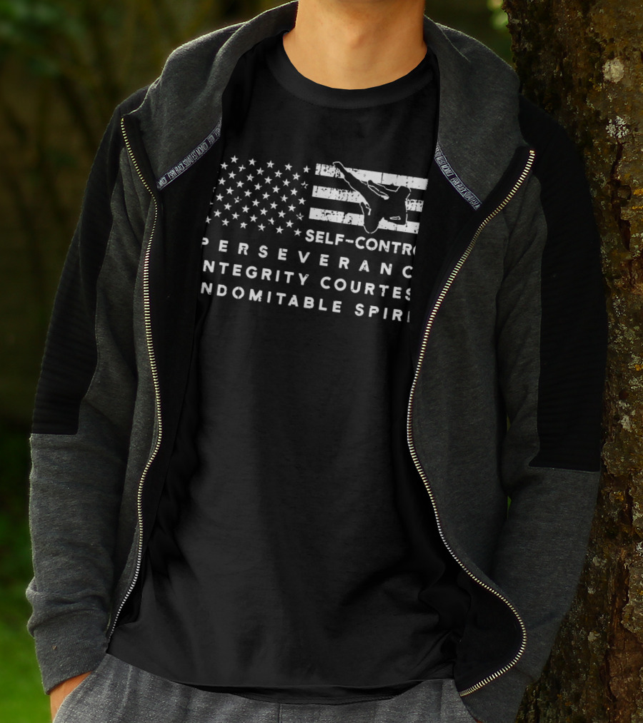 Vintage American Flag Taekwondo Self-Control Perseverance Integrity Courtesy Indomitable Spirit T-Shirt