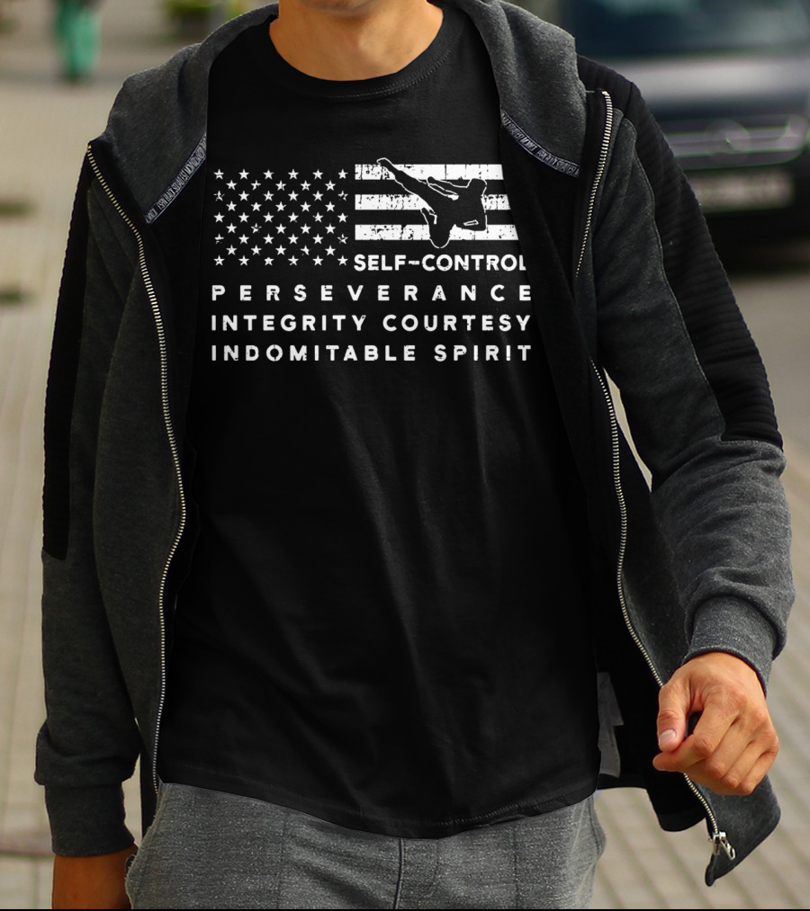 Vintage American Flag Taekwondo Self-Control Perseverance Integrity Courtesy Indomitable Spirit T-Shirt