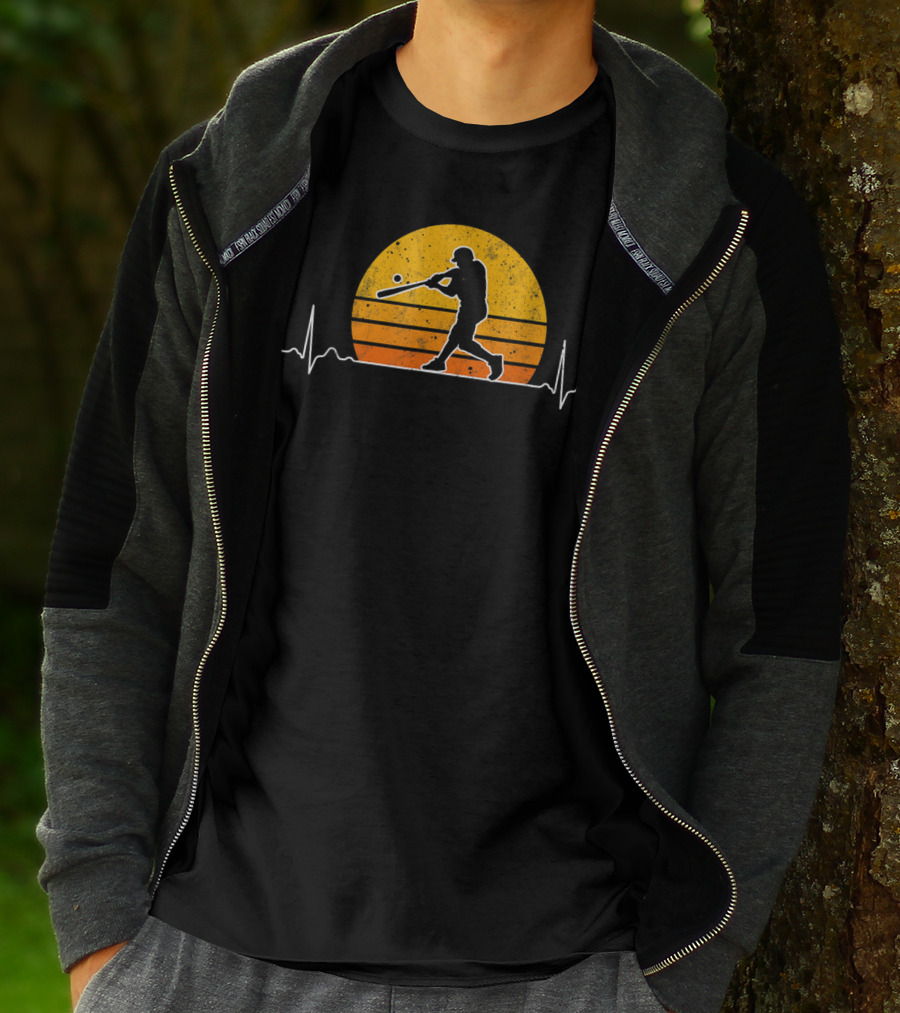 Vintage Baseball Player Heartbeat Sunset Scene T-Shirt