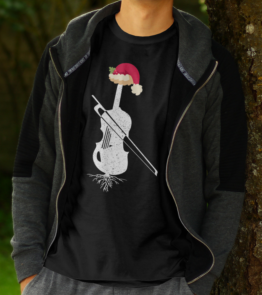 Violin Santa Hat Christmas Tree Vintage Style Holiday Decor T-Shirt