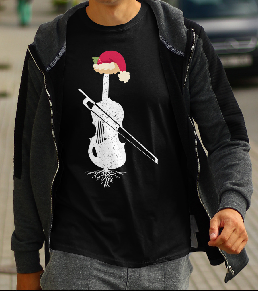 Violin Santa Hat Christmas Tree Vintage Style Holiday Decor T-Shirt