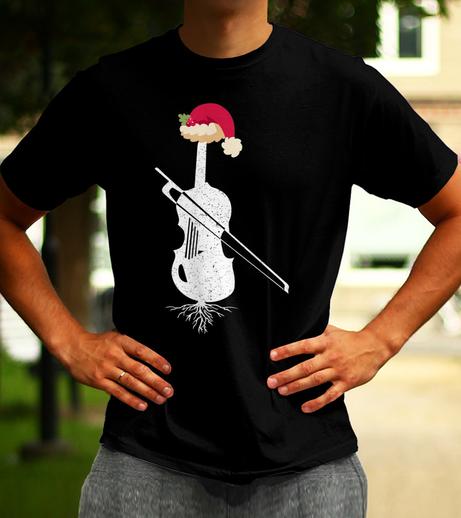 Violin Santa Hat Christmas Tree Vintage Style Holiday Decor T-Shirt