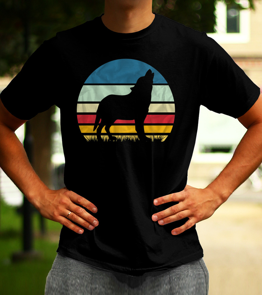 Retro Wolf Silhouette Vintage Sunset Stripes T-Shirt