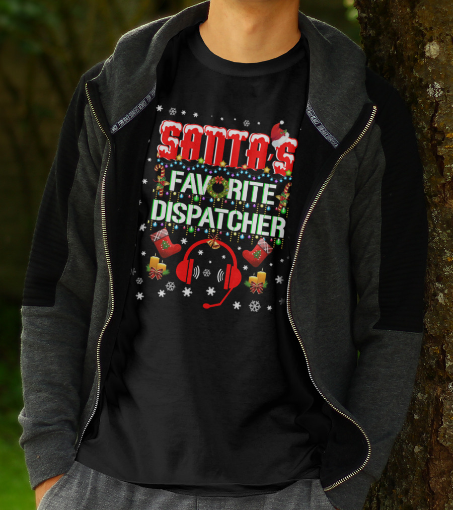 Santa's Favorite Dispatcher Headset Christmas Snowflakes Candles Stockings T-Shirt
