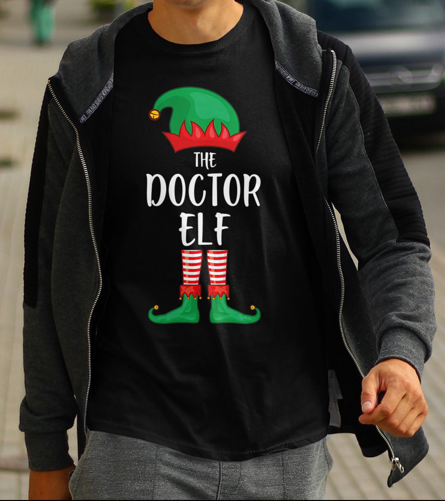 The Doctor Elf Christmas Party Jester Hat And Striped Tights T-Shirt
