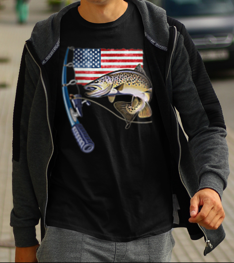 Fishing Hooked On A Feeling American Flag Rod Fish T-Shirt