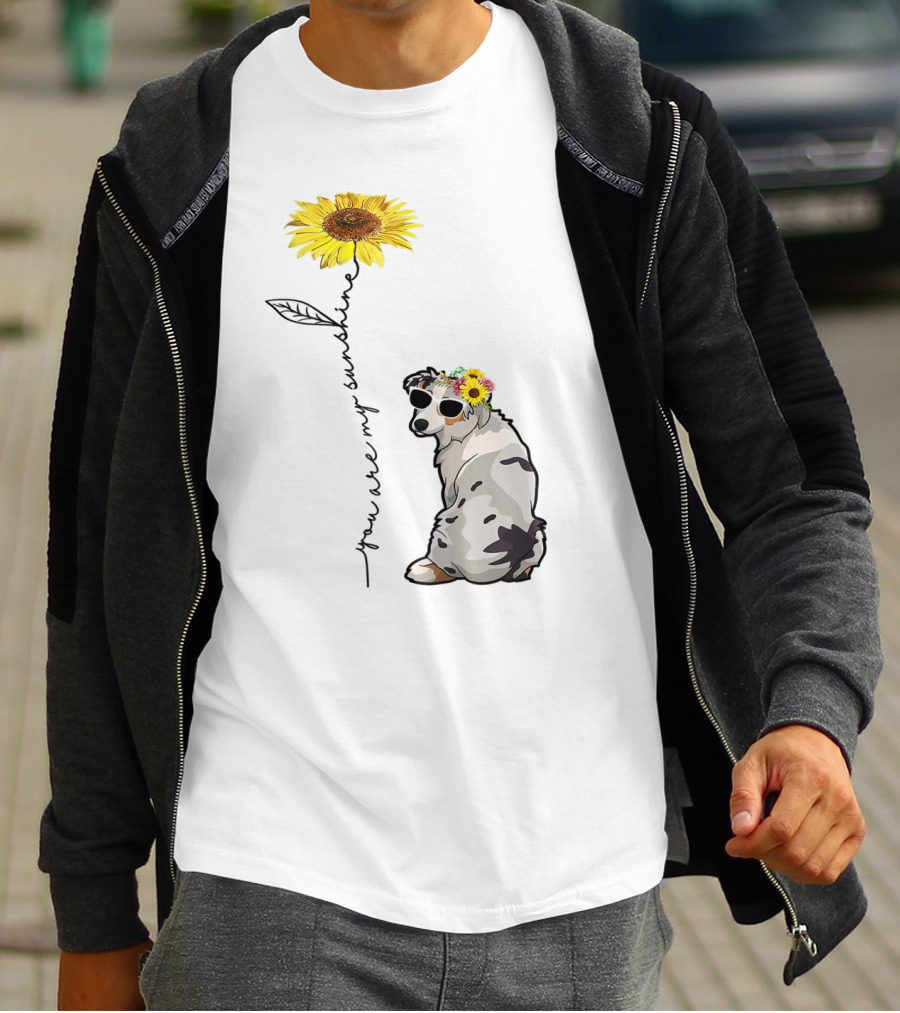 You Are My Sunshine Australian Shepherd Sunflower Sunglasses And Flower Crown T-Shirt