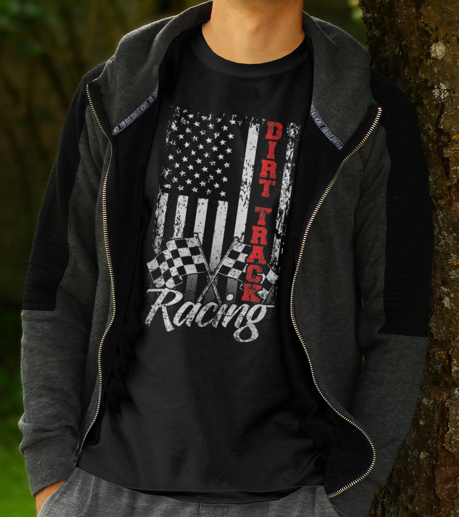 Dirt Track Racing American Flag With Checkered Flags T-Shirt