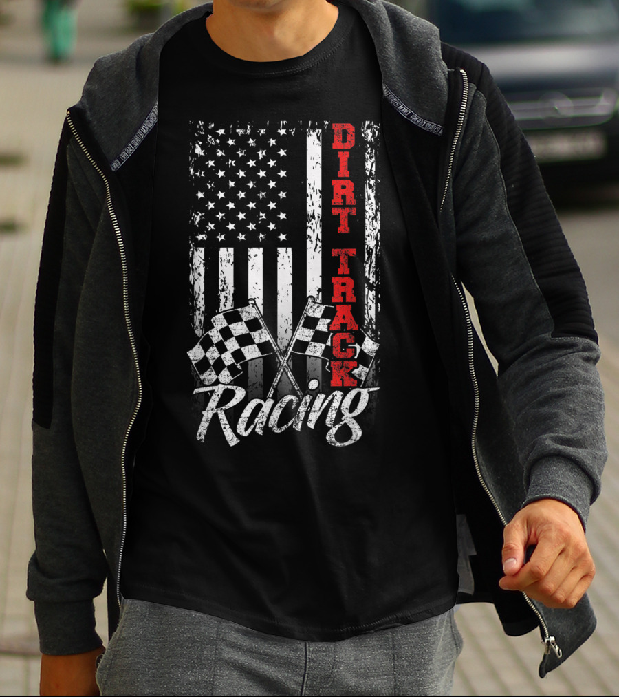 Dirt Track Racing American Flag With Checkered Flags T-Shirt