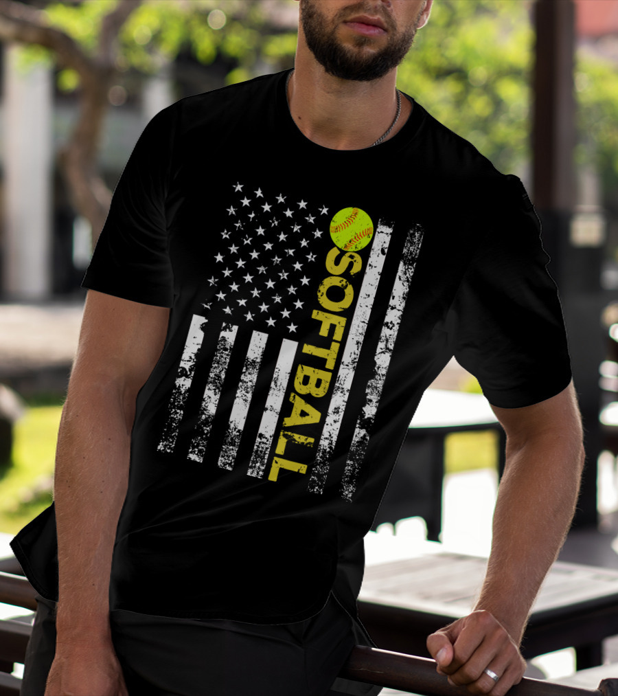 American Flag Softball Vertical Text With Yellow Softball T-Shirt