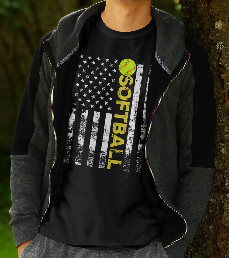 American Flag Softball Vertical Text With Yellow Softball T-Shirt