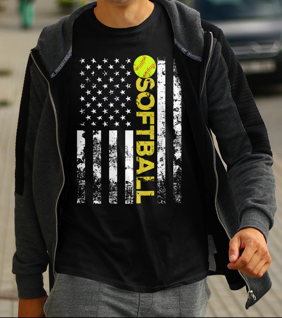 American Flag Softball Vertical Text With Yellow Softball T-Shirt