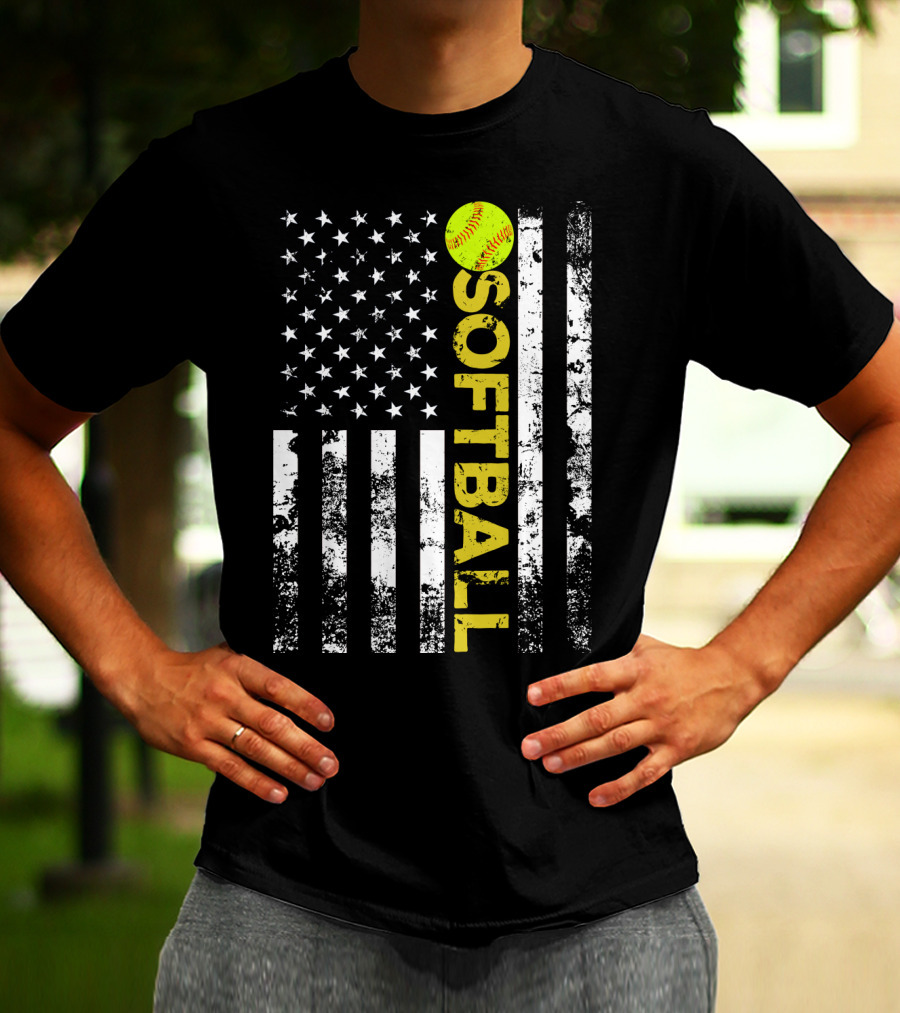 American Flag Softball Vertical Text With Yellow Softball T-Shirt