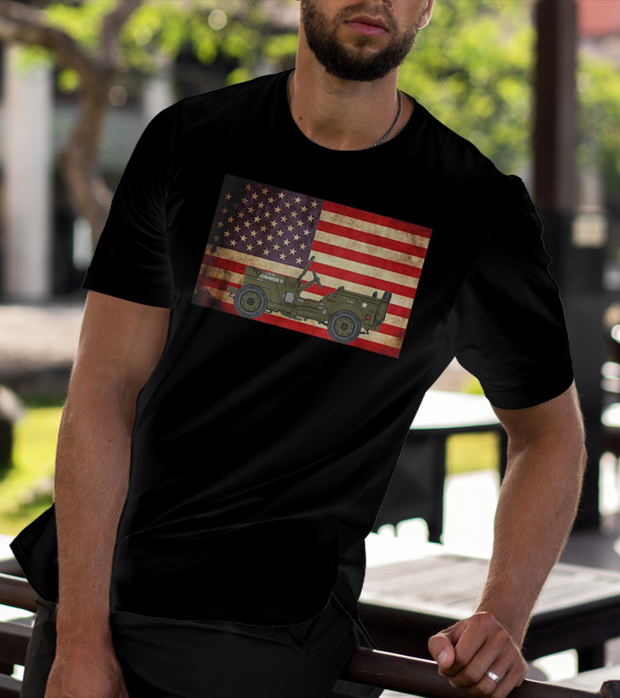 American USA Flag Willys Jeep WW2 Military Army Vehicle Stars And Stripes Vintage Retro Iconic T-Shirt