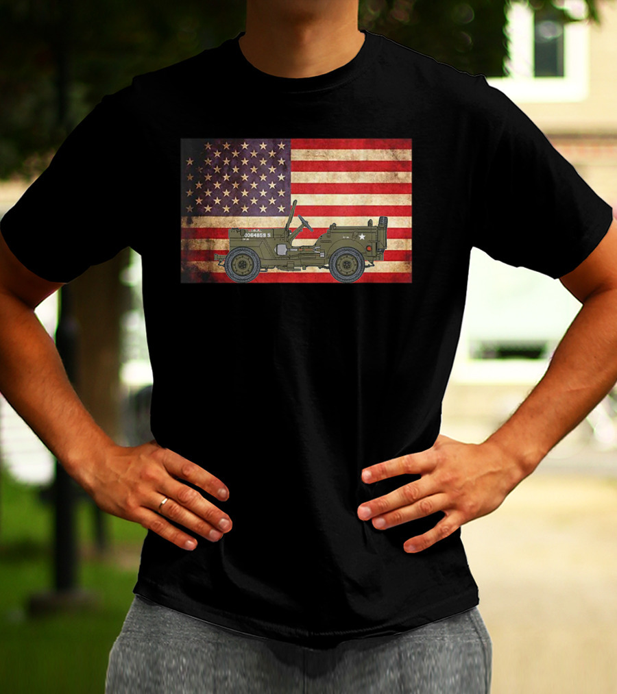 American USA Flag Willys Jeep WW2 Military Army Vehicle Stars And Stripes Vintage Retro Iconic T-Shirt