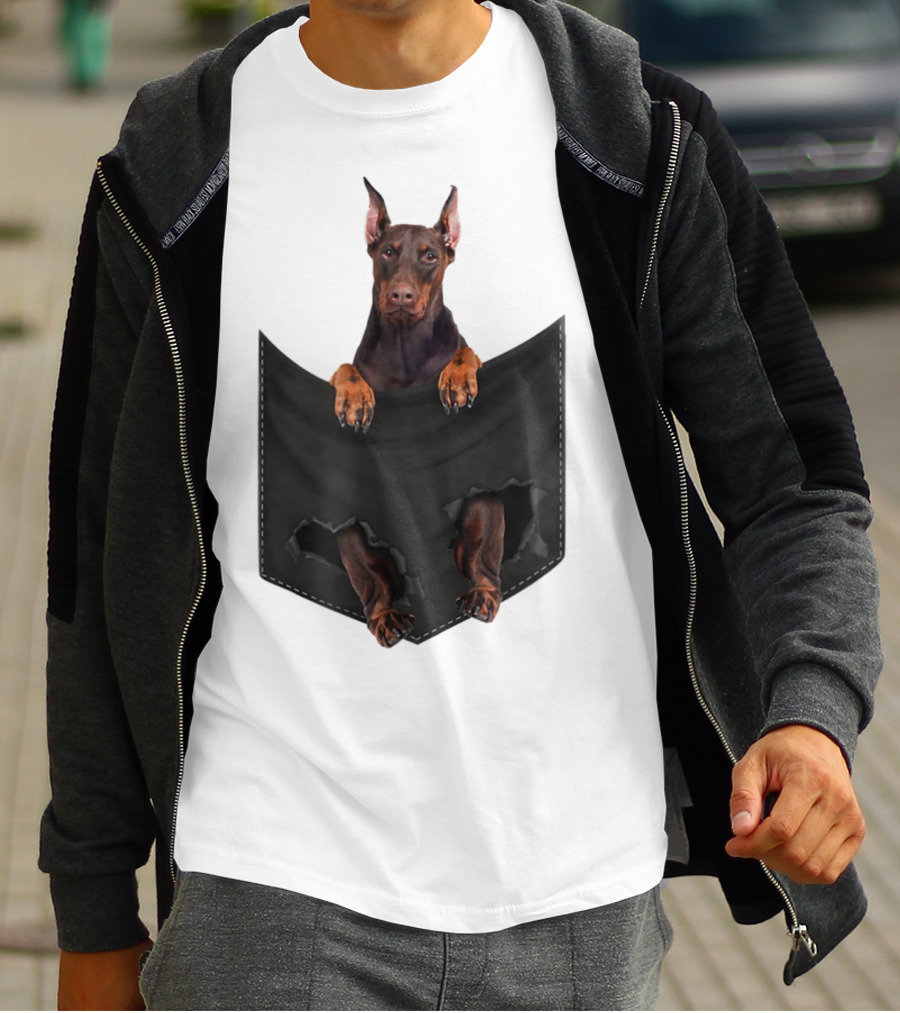 Doberman Pinscher Peeking From Ripped Pocket T-Shirt