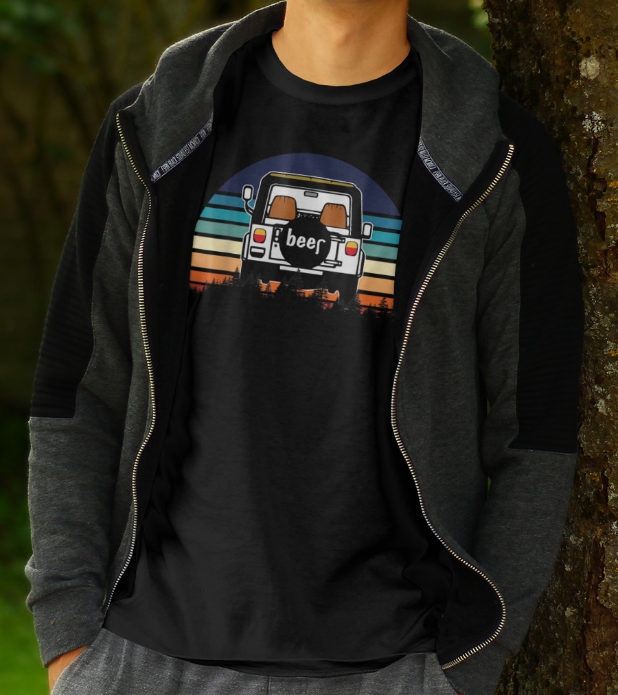 Funny Beer Jeeps Vintage Sunset Retro Stripess T-Shirt