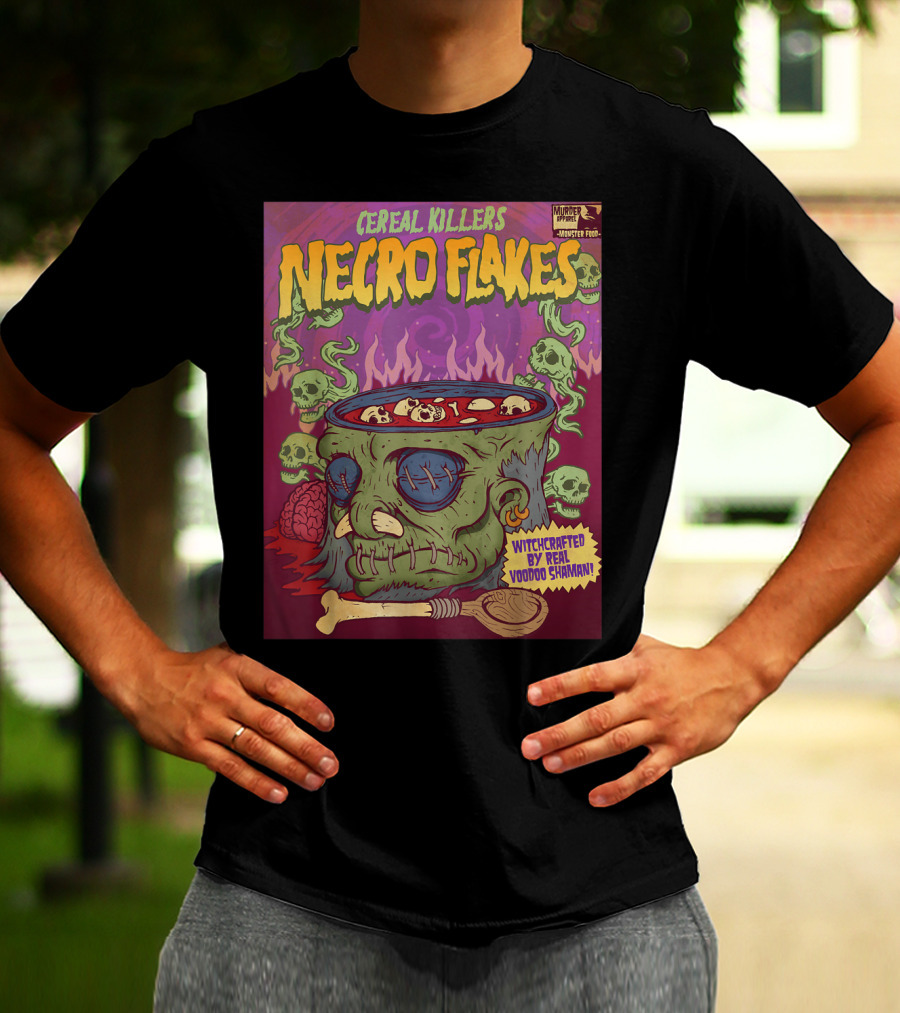 Cereal Killers Necro Flakes Witchcrafted By Real Voodoo Shaman Monster Food Horror Fans Nerds T-Shirt