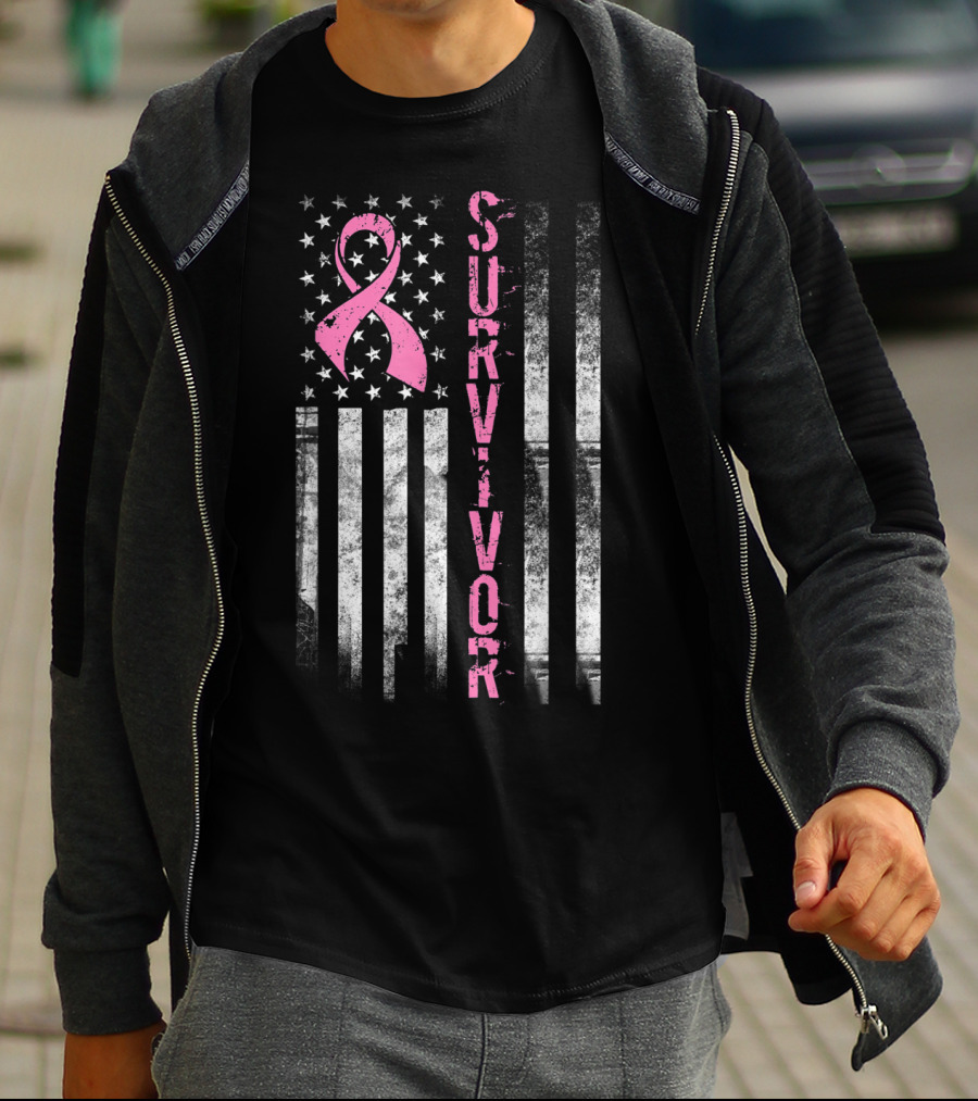 Survivor Pink Ribbon American Flag Breast Cancer Awareness T-Shirt