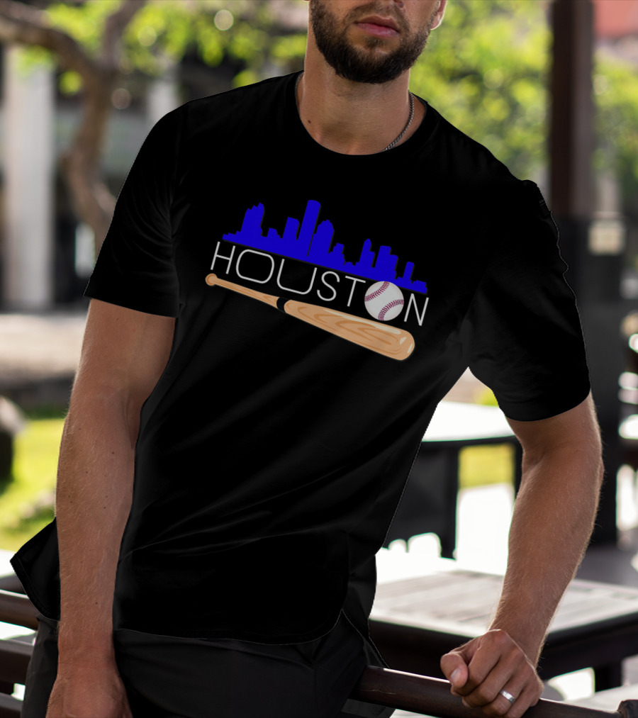Houston Baseball Astro Font Skyline With Bat And Ball T-Shirt