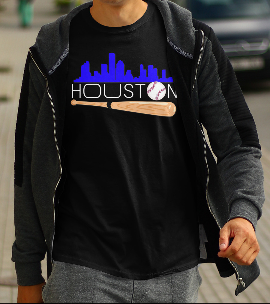 Houston Baseball Astro Font Skyline With Bat And Ball T-Shirt
