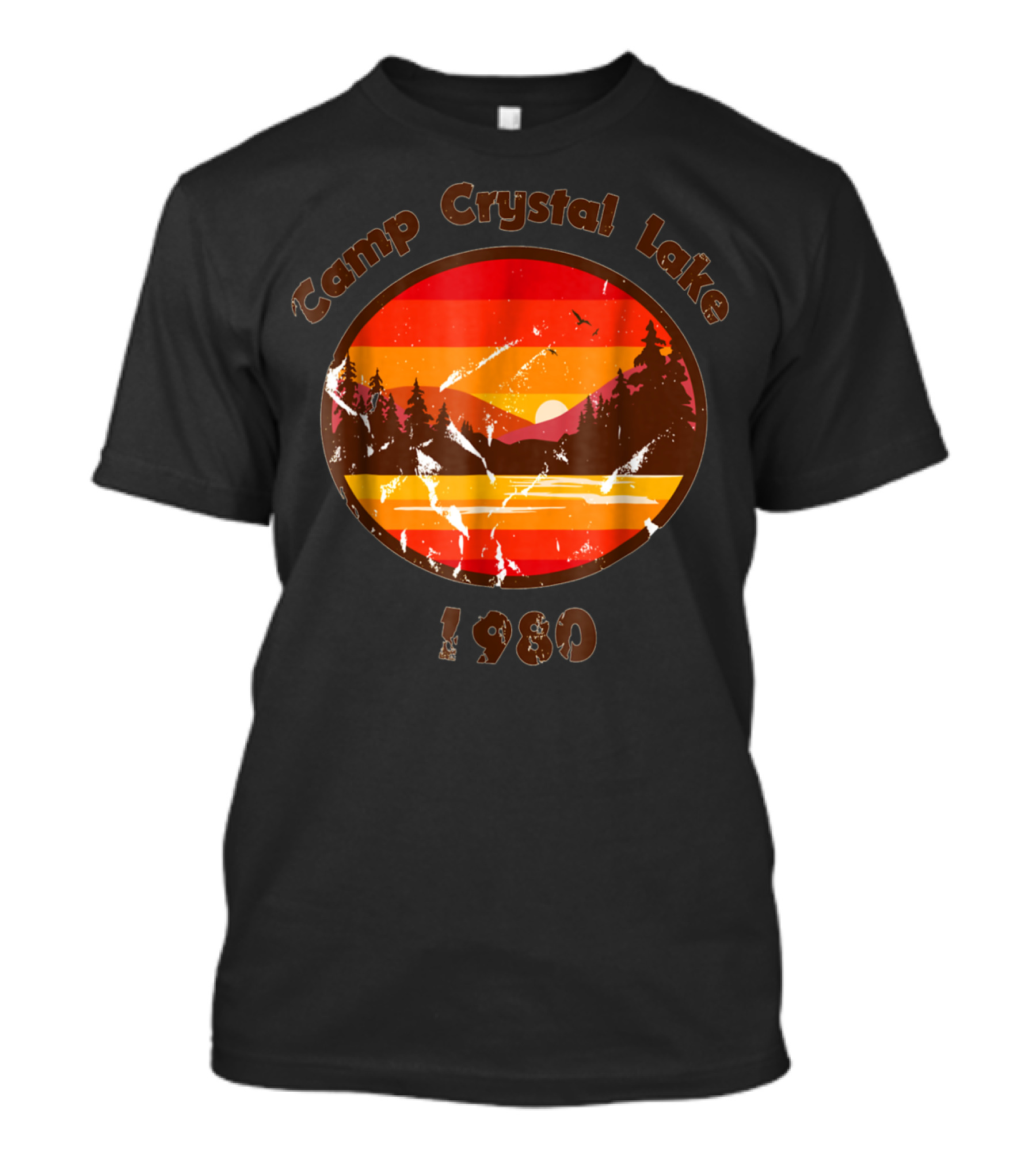 Camp Crystal Lake 1980 Retro Sunset Forest Scene T-Shirt