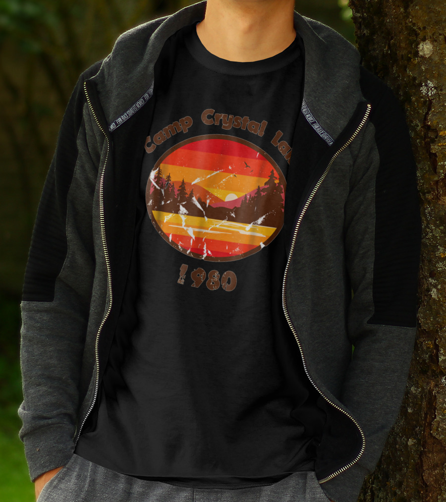 Camp Crystal Lake 1980 Retro Sunset Forest Scene T-Shirt