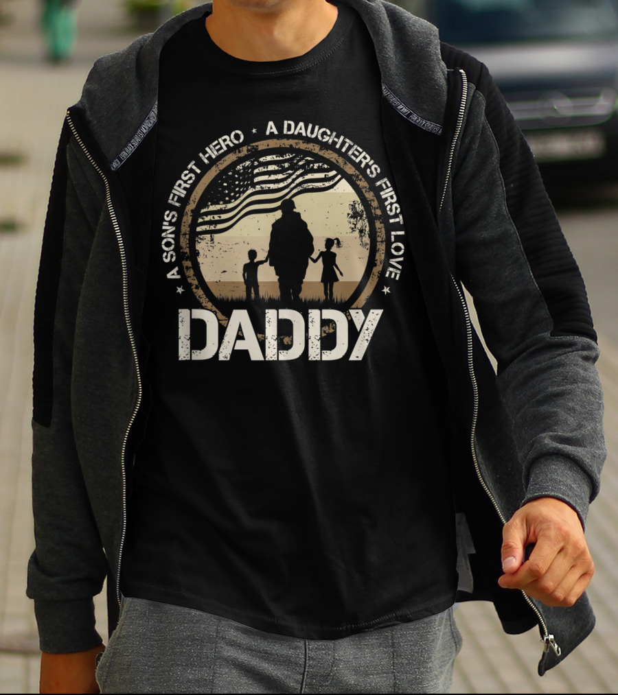 Daddy A Son's First Hero A Daughter's First Love Silhouette With American Flag T-Shirt