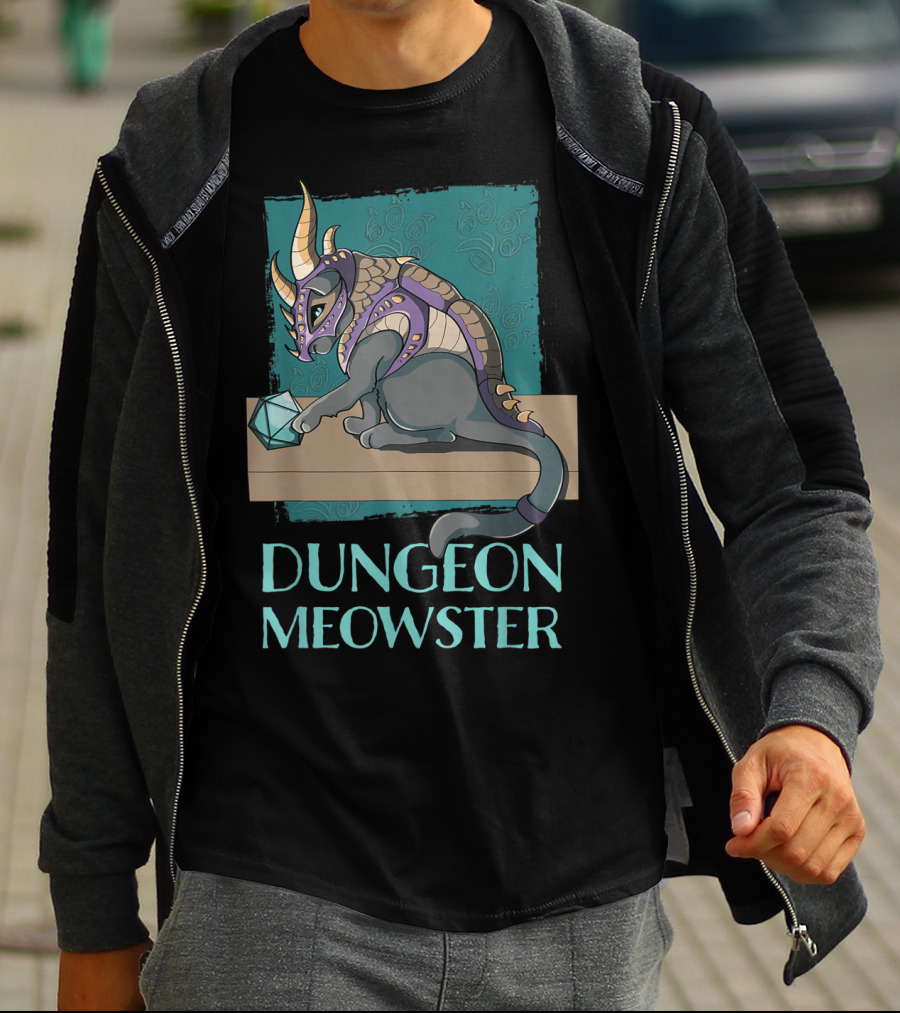 Dungeon Meowster Cat With Dragon Armor Playing With Dice T-Shirt