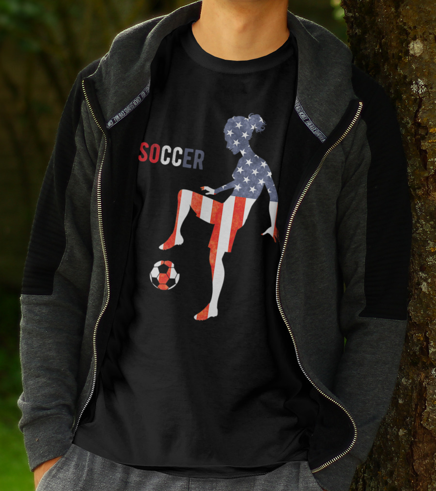 American Flag USA Soccer Player Silhouette Girl T-Shirt