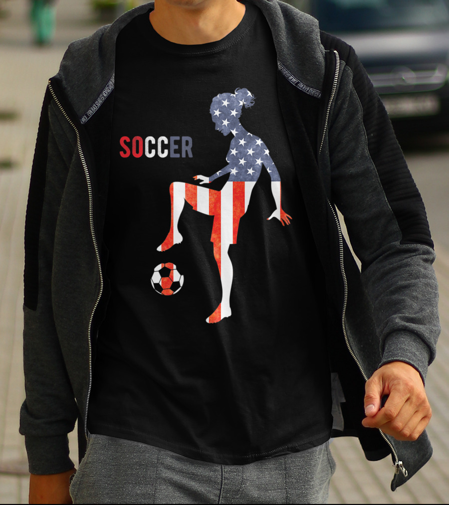 American Flag USA Soccer Player Silhouette Girl T-Shirt