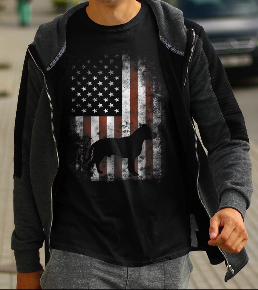 American Pitbull Terrier Silhouette With American Flag Patriotic T-Shirt