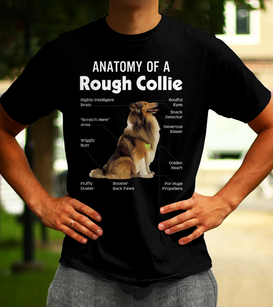 Anatomy Of A Rough Collie Highly Intelligent Brain Soulful Eyes Generous Kisser Golden Heart Wiggly Butt Fluffy Duster Back Paws T-Shirt