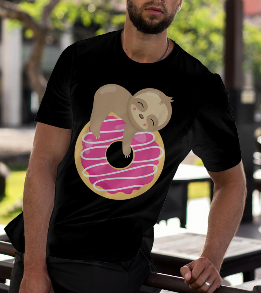 Baby Sloth Sleeping On Pink Frosted Donut T-Shirt