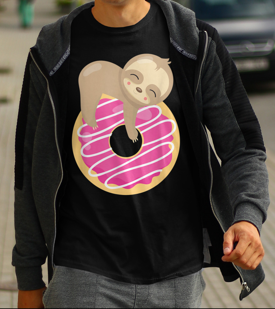 Baby Sloth Sleeping On Pink Frosted Donut T-Shirt