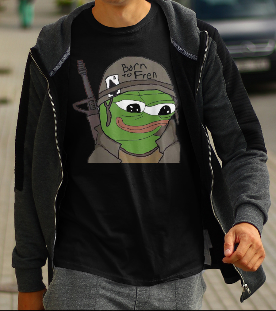 Born To Fren Pepe Military Helmet Cartoon With Rifle T-Shirt