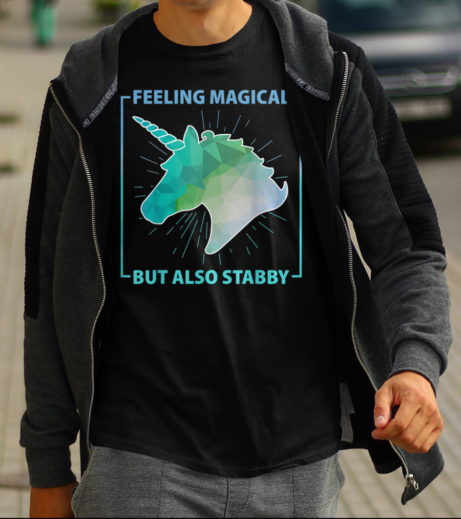 Feeling Magical But Also Stabby Funny Cute Unicorn Geometric Head T-Shirt