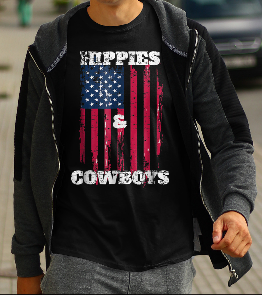 Hippies Cowboys And American Flag Distressed Look T-Shirt