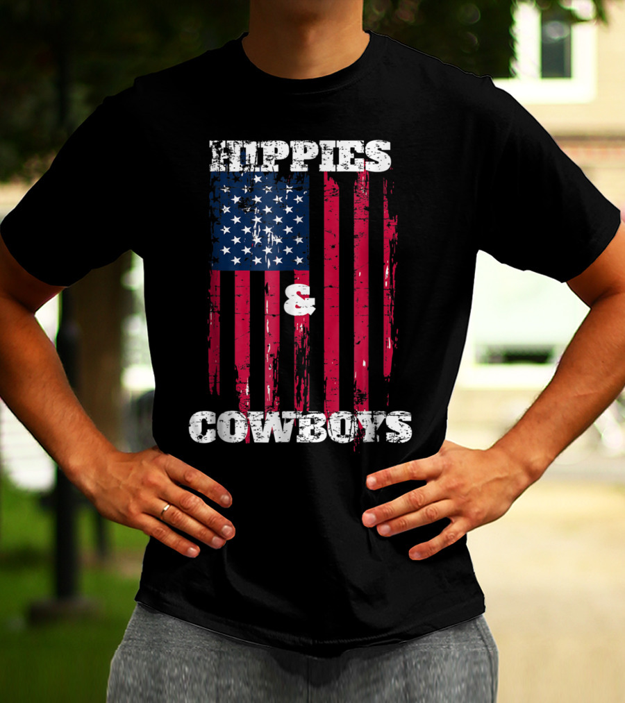 Hippies Cowboys And American Flag Distressed Look T-Shirt