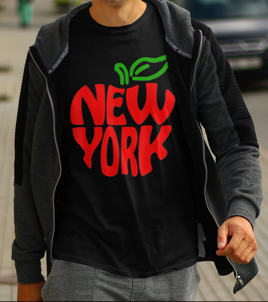New York Big Apple Red Typography With Green Leaf T-Shirt