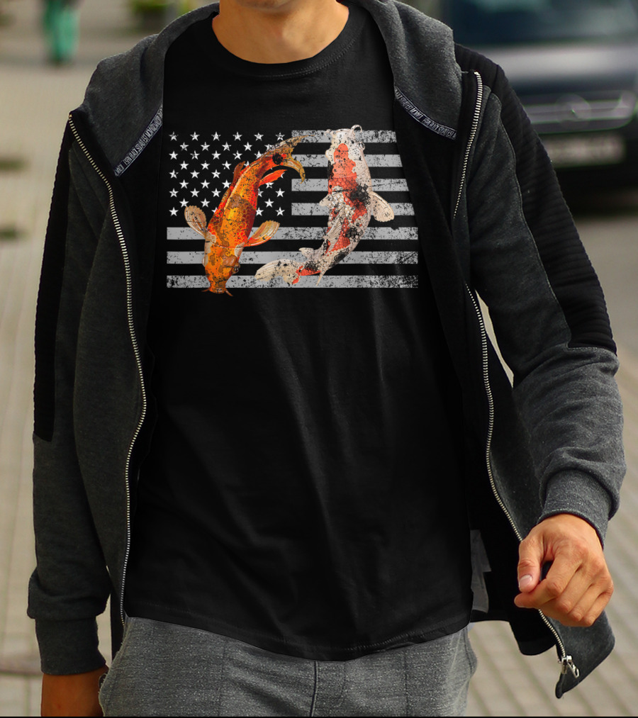 USA Flag With Japanese Koi Fish And Koi Carp T-Shirt