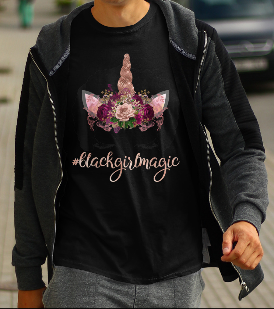 BlackGirlMagic Afro Unicorn Face With Floral Rose T-Shirt