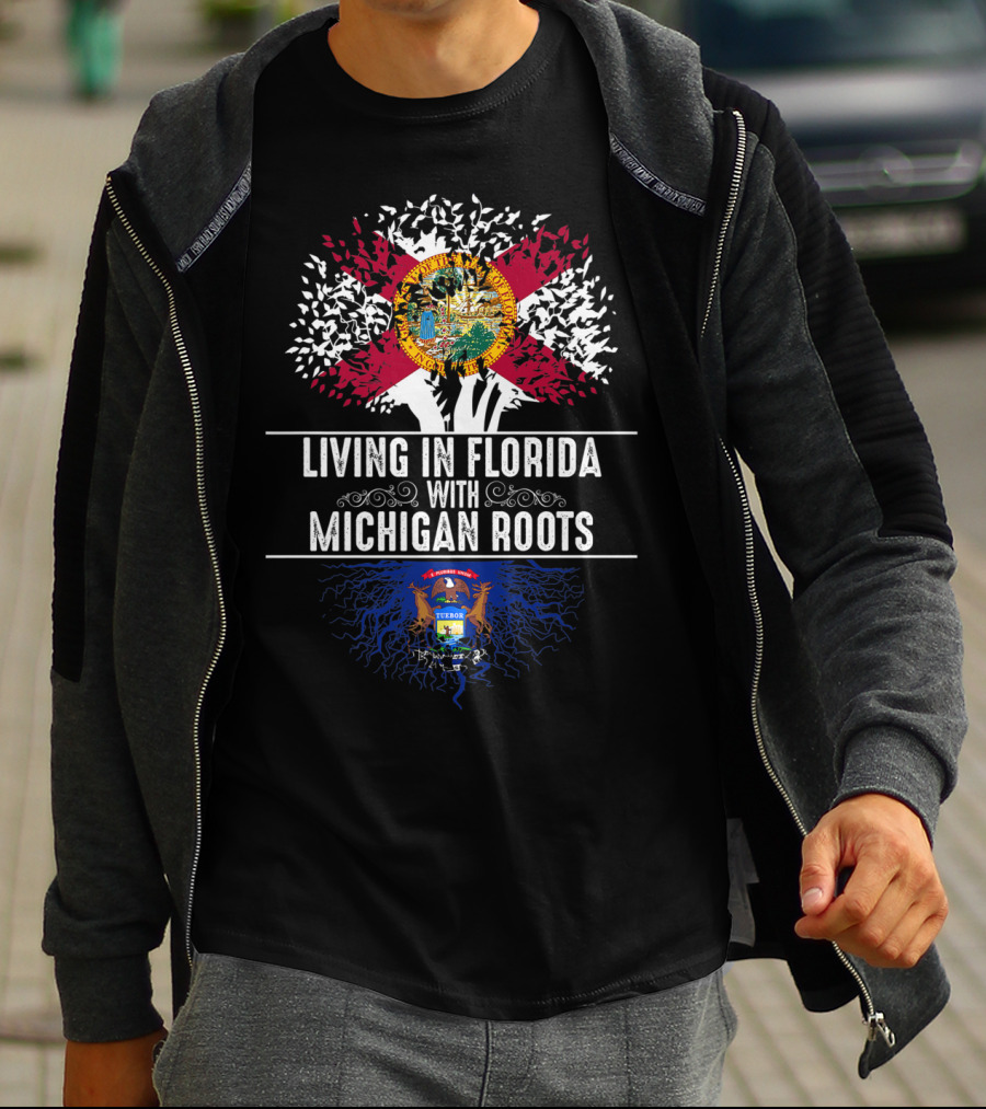 Living In Florida With Michigan Roots State Tree Flag Love T-Shirt