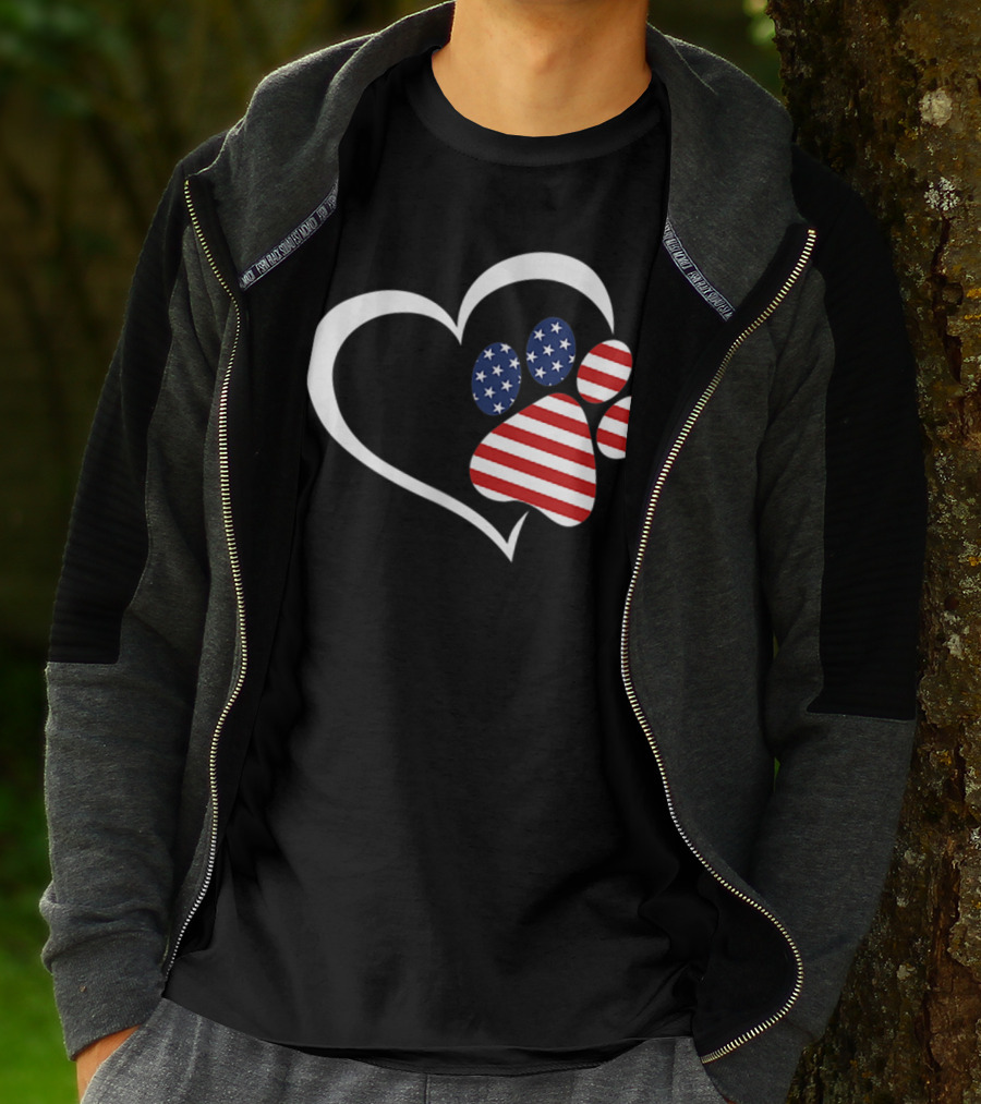 Dog Paw Heart Love Red White Blue American Flag Patriotic T-Shirt