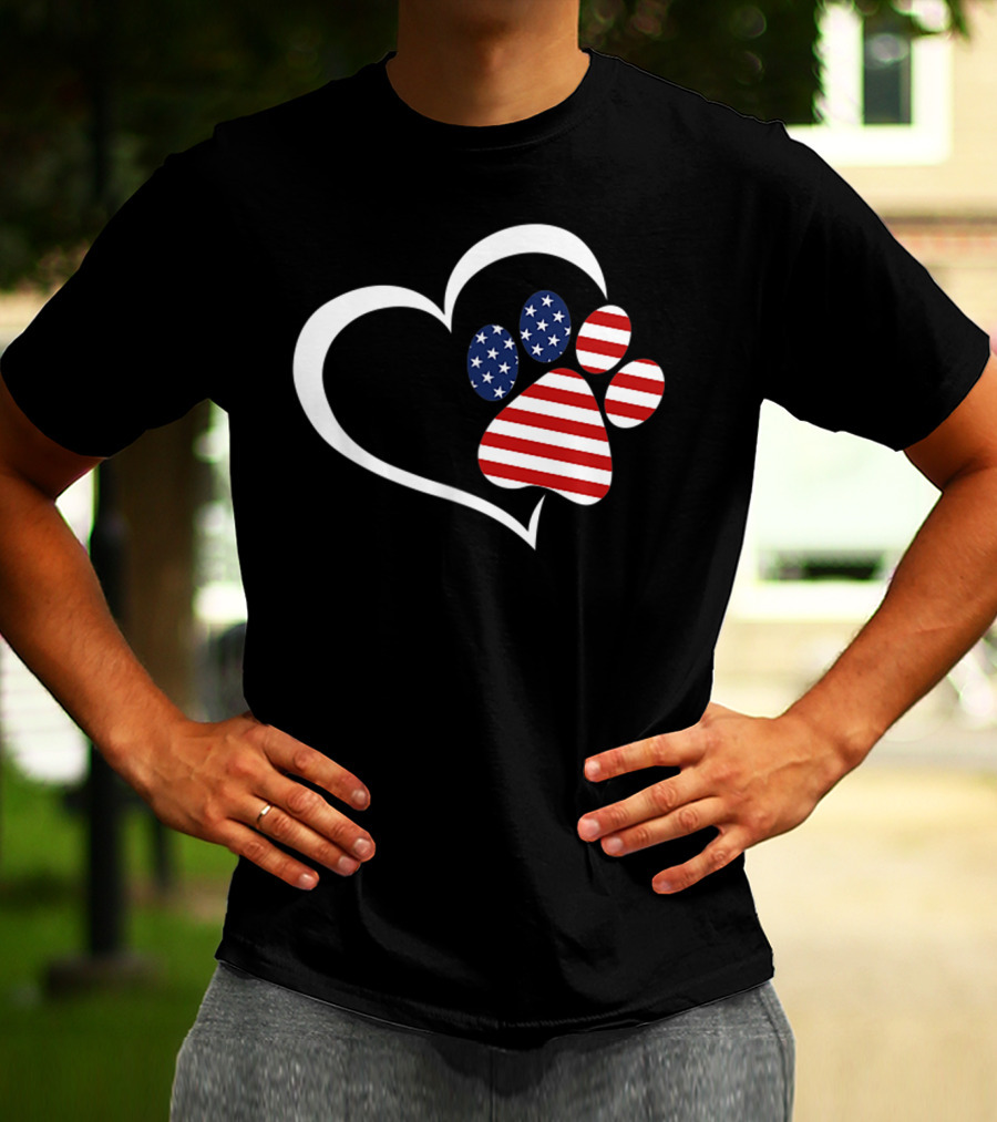 Dog Paw Heart Love Red White Blue American Flag Patriotic T-Shirt