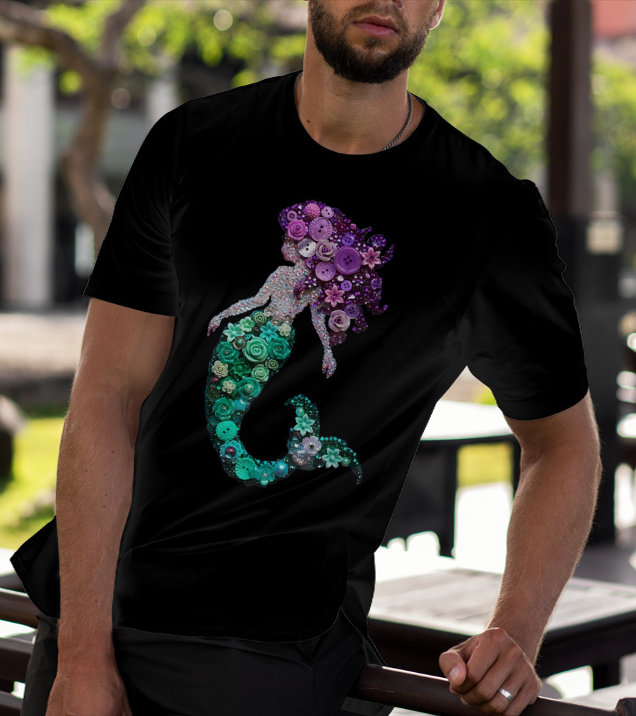 Flower Mermaid Purple Green Buttons T-Shirt